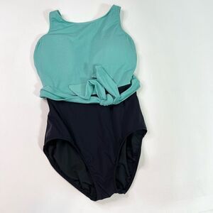 Hermoza Swimsuit Womens 14 Green Black Padded Backless Textured Belted